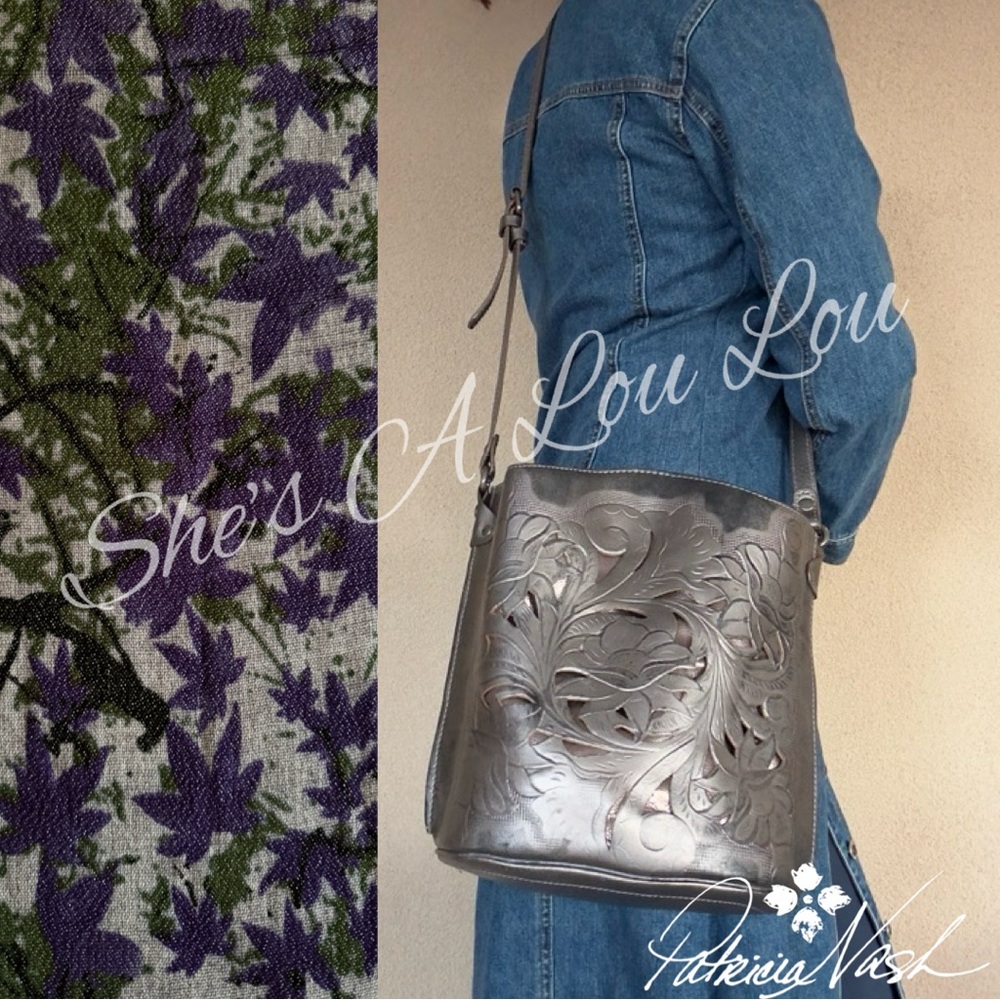 PATRICIA NASH Lavello Bucket Crossbody Gunmetal Sling Bag with Cejon Scarf